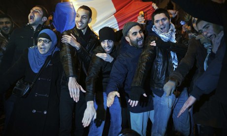 Supporters of the French comedian Dieudonné make the quenelle gesture during a demonstration in Pari